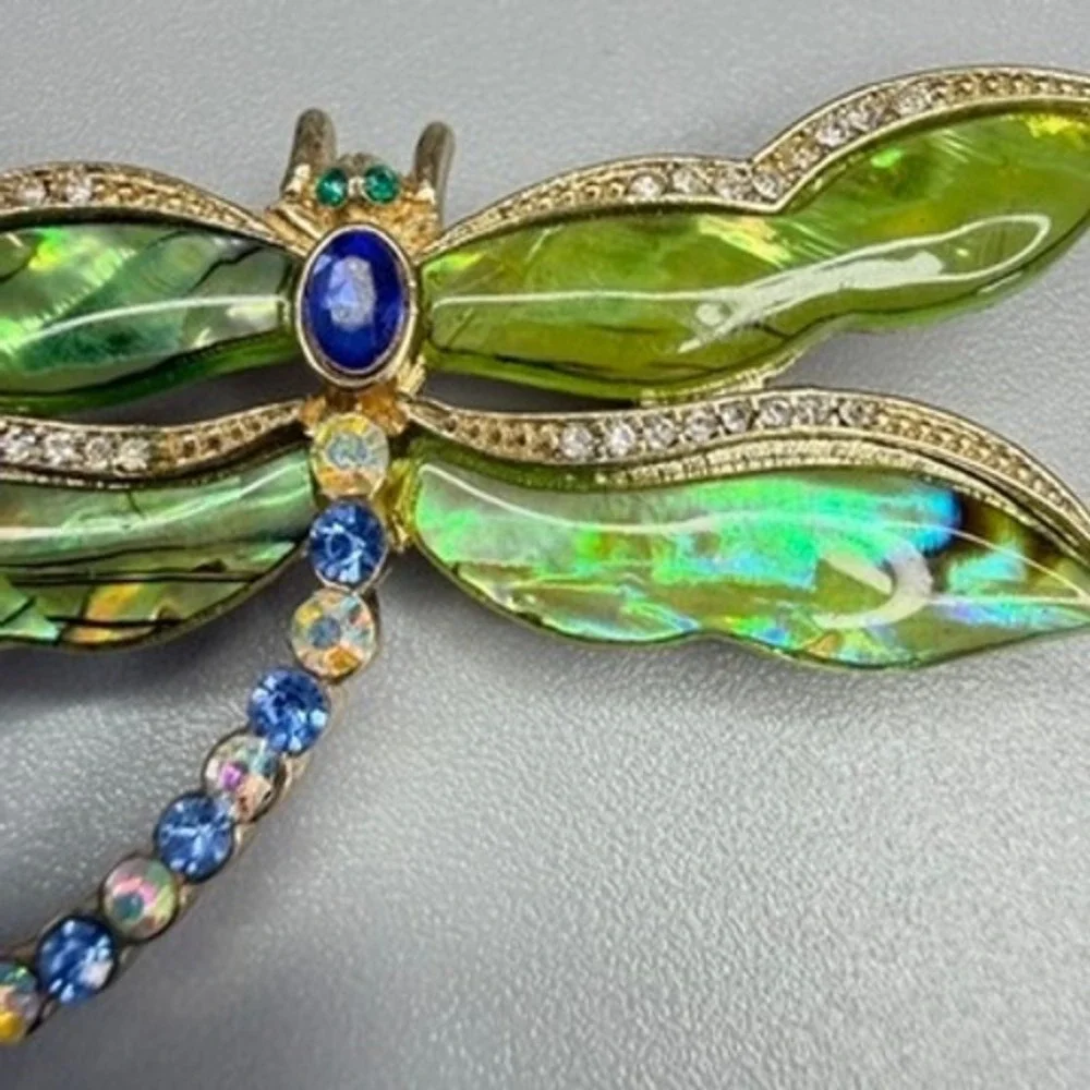 Large‎ Dragonfly Brooch Green Blue Rhinestone Whimsical Insect